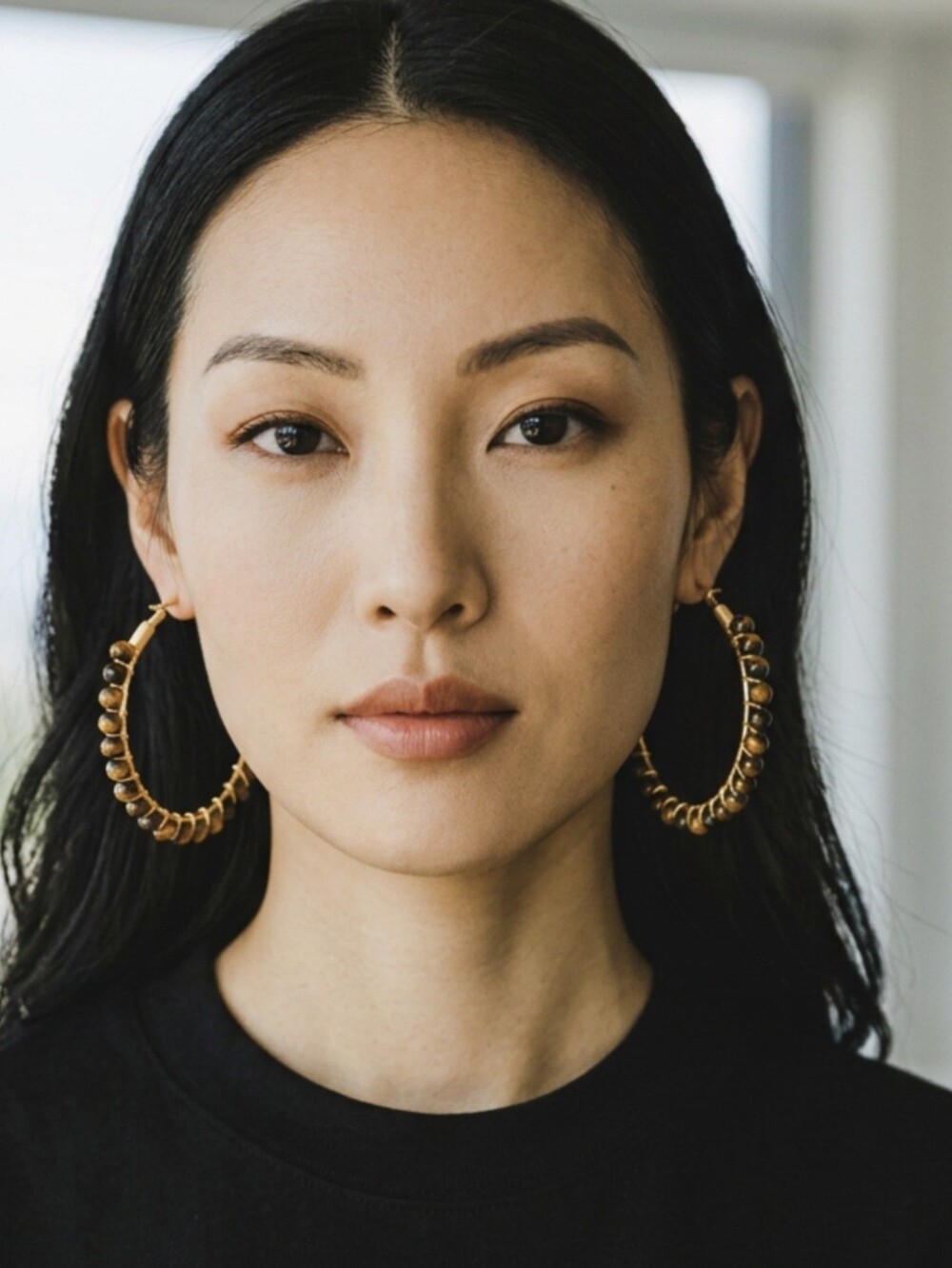 New Oversized 2" 18k Gold Plated Genuine Tugers Eye Bead Hoop Earrings - Picture 4 of 5